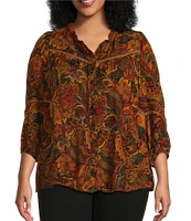 Intro Plus Size Crinkle Gauze Tapestry Print Split V-Neck 3/4 Sleeve Lace Inset Pleated Peasant Top