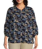 Intro Plus Size Crinkle Gauze Textured Floral Print Split V-Neck 3/4 Sleeve Lace Inset Pleated Peasant Top