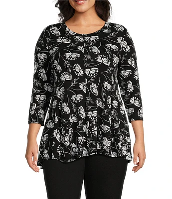 Intro Plus Size Floral Print Ebony Black Scoop Neck 3/4 Sleeve A-Line Tee