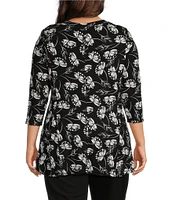 Intro Plus Size Floral Print Ebony Black Scoop Neck 3/4 Sleeve A-Line Tee
