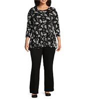 Intro Plus Size Floral Print Ebony Black Scoop Neck 3/4 Sleeve A-Line Tee