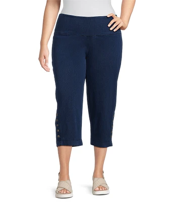 Intro Plus Size Knit Denim Tummy Control Button Side Trim Pull-On Capri Pants
