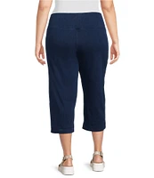 Intro Plus Size Knit Denim Tummy Control Button Side Trim Pull-On Capri Pants