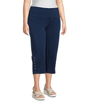 Intro Plus Size Knit Denim Tummy Control Button Side Trim Pull-On Capri Pants