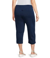 Intro Plus Size Knit Denim Tummy Control Button Side Trim Pull-On Capri Pants