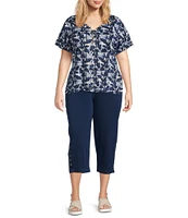 Intro Plus Size Knit Denim Tummy Control Button Side Trim Pull-On Capri Pants