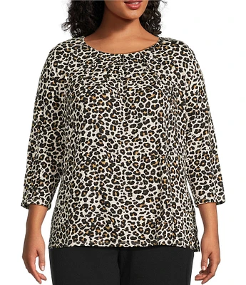 Intro Plus Size Knit Jersey Animal Print 3/4 Sleeve Pleated Neck Tee