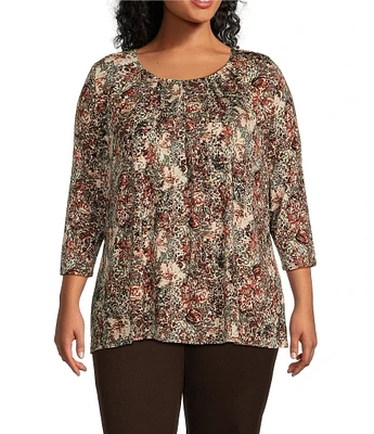 Intro Plus Size Knit Jersey Floral Safari Print Scoop Pleated Neck 3/4 Sleeve Tee Shirt