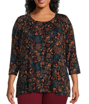 Intro Plus Size Knit Jersey Floral Sketch Print Scoop Pleated Neck 3/4 Sleeve Tee Shirt