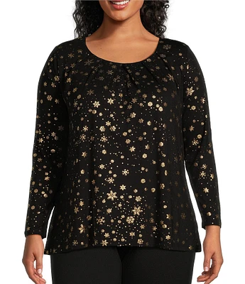 Intro Plus Size Knit Jersey Gold Foil Snowflake Print Scoop Neck Long Sleeve T-Shirt