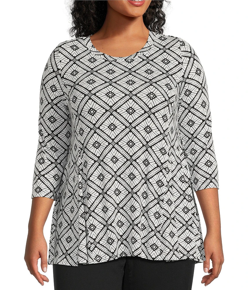 Intro Plus Size Knit Jersey Printed Scoop Neck 3/4 Sleeve Flare Hem Top