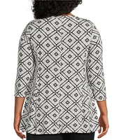 Intro Plus Size Knit Jersey Printed Scoop Neck 3/4 Sleeve Flare Hem Top