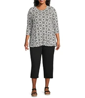 Intro Plus Size Knit Jersey Printed Scoop Neck 3/4 Sleeve Flare Hem Top