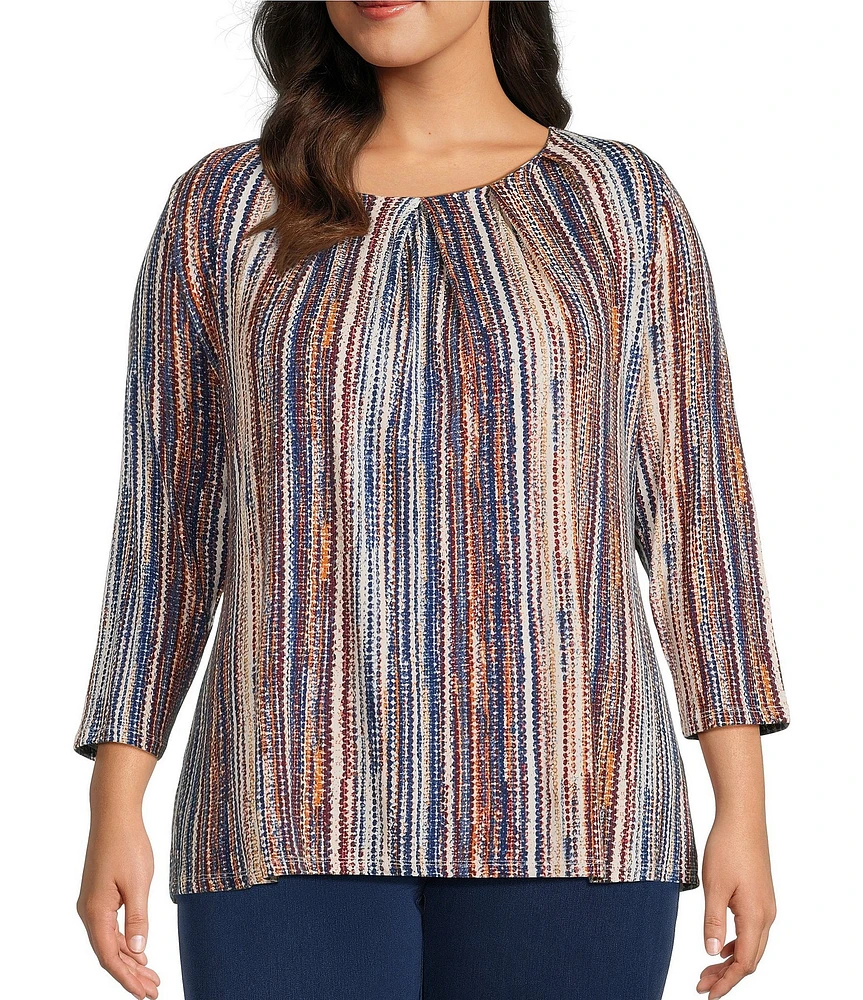 Intro Plus Size Knit Jersey Sand Abstract Stripe 3/4 Sleeve Pleated Neck Tee