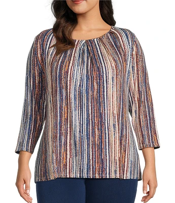 Intro Plus Size Knit Jersey Sand Abstract Stripe 3/4 Sleeve Pleated Neck Tee