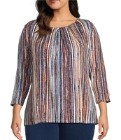Intro Plus Size Knit Jersey Sand Abstract Stripe 3/4 Sleeve Pleated Neck Tee
