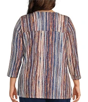Intro Plus Size Knit Jersey Sand Abstract Stripe 3/4 Sleeve Pleated Neck Tee