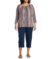 Intro Plus Size Knit Jersey Sand Abstract Stripe 3/4 Sleeve Pleated Neck Tee