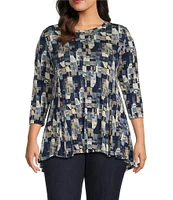 Intro Plus Size Knit Jersey Sand Multi Print Scoop Neck 3/4 Sleeve Flare Hem To