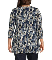 Intro Plus Size Knit Jersey Sand Multi Print Scoop Neck 3/4 Sleeve Flare Hem To