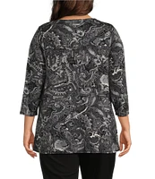 Intro Plus Size Knit Jersey Tapestry Print Scoop Pleated Neck 3/4 Sleeve Tee Shirt