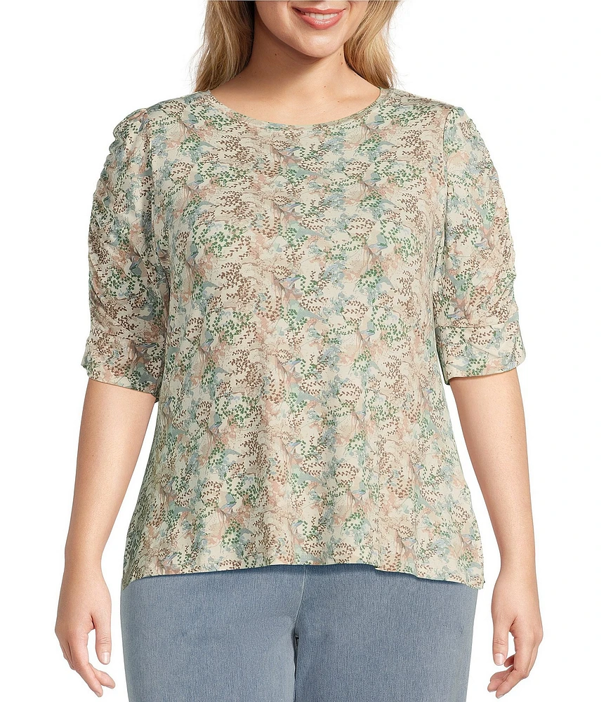 Intro Plus Size Knit Jersey Vine Print Crew Neck Elbow Puff Sleeve Top