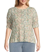 Intro Plus Size Knit Jersey Vine Print Crew Neck Elbow Puff Sleeve Top