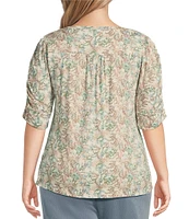 Intro Plus Size Knit Jersey Vine Print Crew Neck Elbow Puff Sleeve Top