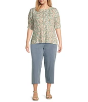 Intro Plus Size Knit Jersey Vine Print Crew Neck Elbow Puff Sleeve Top