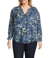 Intro Plus Size Lyocell Slub Floral Multi Print Y-Neck Long Roll-Tab Sleeve Shirttail Hem Blouse