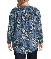 Intro Plus Size Lyocell Slub Floral Multi Print Y-Neck Long Roll-Tab Sleeve Shirttail Hem Blouse