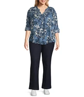 Intro Plus Size Lyocell Slub Floral Multi Print Y-Neck Long Roll-Tab Sleeve Shirttail Hem Blouse