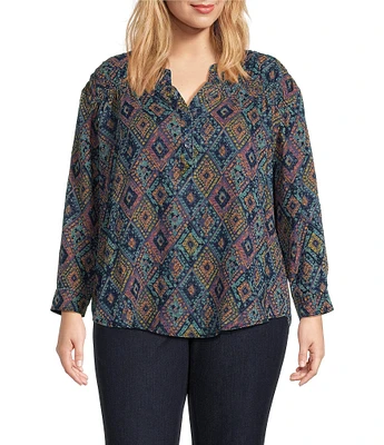 Intro Plus Size Lyocell Slub Geo Multi Print Y-Neck Long Roll-Tab Sleeve Shirttail Hem Blouse