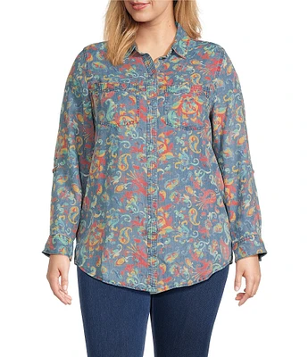 Intro Plus Size Lyocell Slub Sun Wash Paisley Multi Print Point Collar Long Roll-Tab Sleeve Shirt