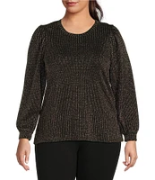 Intro Plus Size Metallic Multi Stripe Lurex Knit Scoop Neck Long Sleeve Top