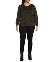 Intro Plus Size Metallic Multi Stripe Lurex Knit Scoop Neck Long Sleeve Top