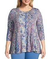 Intro Plus Size Multi Print Knit Jersey Scoop Neck 3/4 Sleeve Flare Hem Top