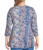 Intro Plus Size Multi Print Knit Jersey Scoop Neck 3/4 Sleeve Flare Hem Top
