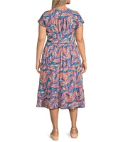 Intro Plus Size Paintbrush Abstract Print V-Neck Cap Sleeve Tiered A-Line Dress