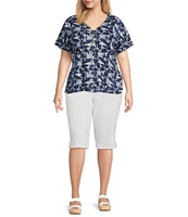 Intro Plus Size Rivet Trim Flower Skimmer Denim Pull-On Shorts