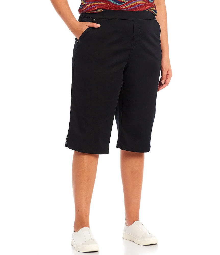 Intro Plus Size Rose Heatseal Trim Side Hem Embellished Tummy Panel Mid Rise Bermuda Skimmer Shorts