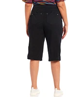 Intro Plus Size Rose Heatseal Trim Side Hem Embellished Tummy Panel Mid Rise Bermuda Skimmer Shorts