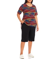 Intro Plus Size Rose Heatseal Trim Side Hem Embellished Tummy Panel Mid Rise Bermuda Skimmer Shorts