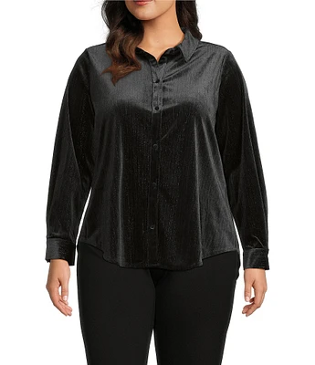 Intro Plus Size Soft Velvet Lurex Point Collar Long Sleeve Shirttail Hem Button-Front Shirt