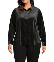 Intro Plus Size Soft Velvet Lurex Point Collar Long Sleeve Shirttail Hem Button-Front Shirt