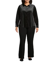 Intro Plus Size Soft Velvet Lurex Point Collar Long Sleeve Shirttail Hem Button-Front Shirt