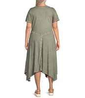 Intro Plus Size Solid Cotton Slub Jersey Knit Scoop Neck Short Sleeve Scarf Hem Dress