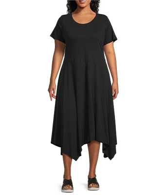Intro Plus Size Solid Cotton Slub Jersey Knit Scoop Neck Short Sleeve Scarf Hem Dress