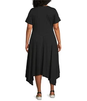 Intro Plus Size Solid Cotton Slub Jersey Knit Scoop Neck Short Sleeve Scarf Hem Dress