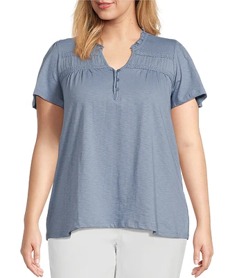 Intro Plus Size Split V-Neck Short Sleeve Lace Pleated Yoke Tee